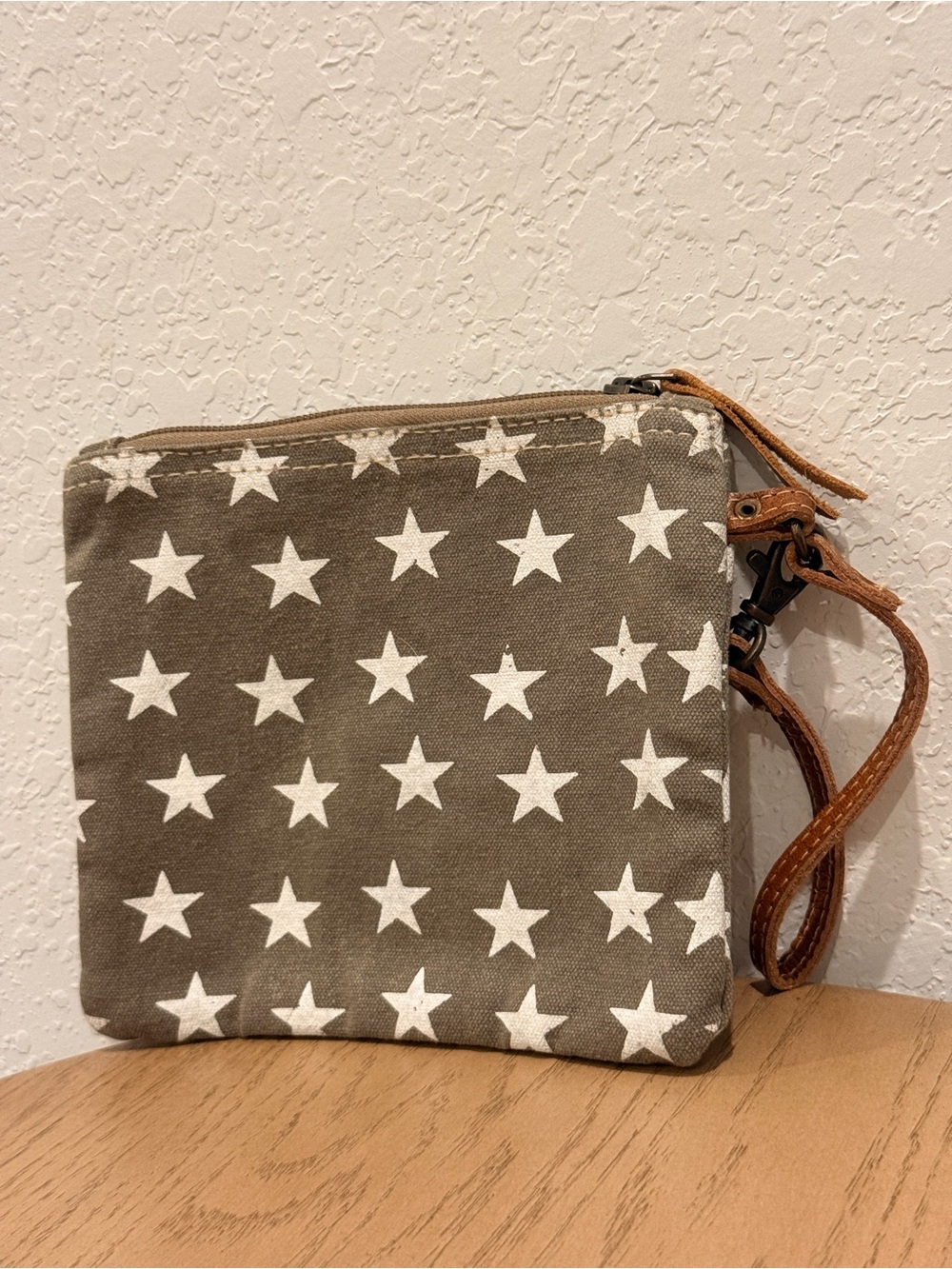 Myra Bag Olive Star Canvas Wristlet with Leather Strap